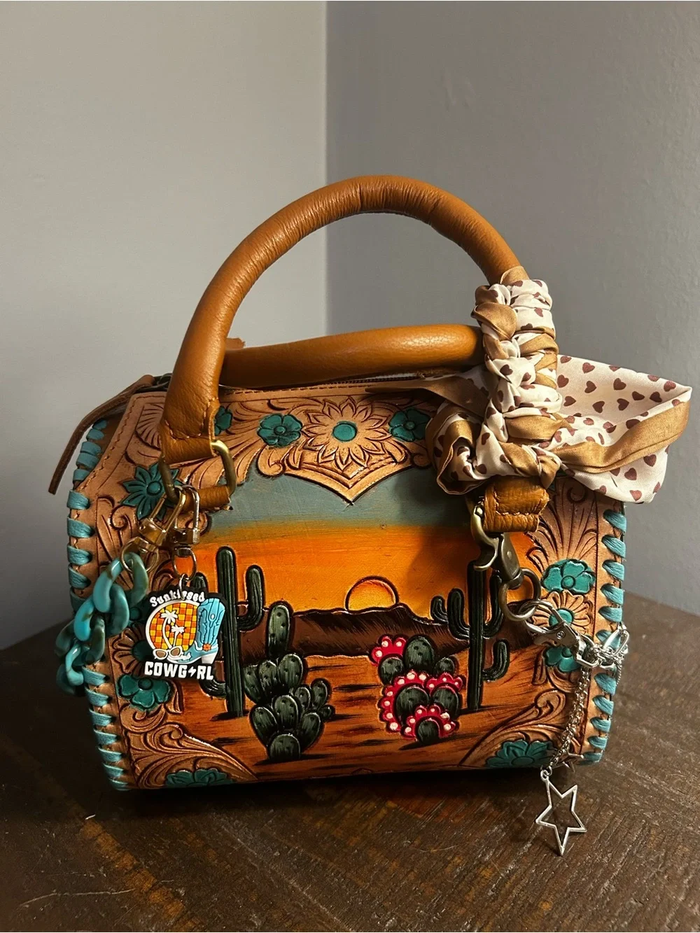 Sunset Desert Painted Leather Top-Handle Bag - Turquoise & Tan